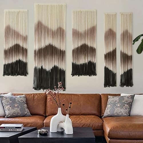 5Pcs Set Macrame Wall Hanging Mountain Art Brown Dip Dyed Boho Wall Decor - Image 2