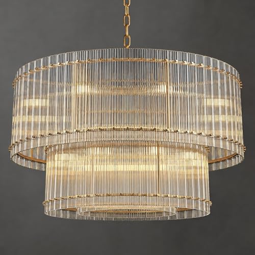 48-Inch Ripple Glass Chandelier, 3-Tier 20-Light Large Brass Round Chandelier for Dining Rooms, Living Rooms, Foyers, Staircases, Open-Concept Spaces & High Ceilings by Knurldon