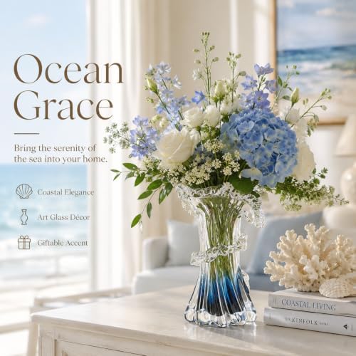 8.1" H Blue Ocean Wave Vase, Blown Glass Vase, Unique Modern Art Beautiful Hand Blown Coastal Centerpieces for Living Room, Bedroom, Office Desktop, Coffee Table, and Wedding Decorative (S) - Image 2
