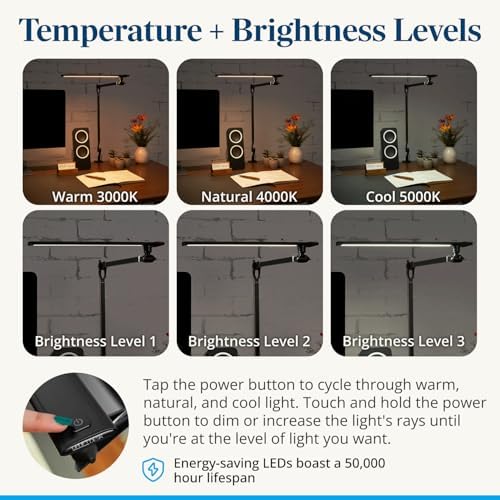 UPLIFTDESK E7 LED Desk Lamp – Adjustable 3 Color Modes, Dimmable Home Office Desk Light for Standing Desk, Dual Monitors, Aluminum Task Lamp (Silver Lamp, Silver Base) - Image 6