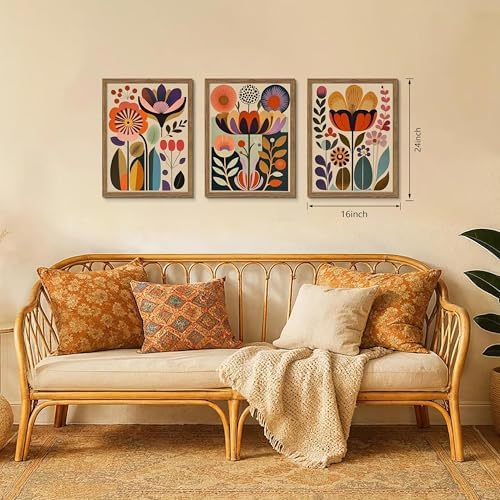 Framed Colorful Floral Wall Art Set of 3, Abstract Scandinavian Flower Canvas Wall Decor Paintings, Mid Century Modern Botanical Artwork Pictures Prints for Living Room Bedroom Dining Room 16x24 Inch - Image 3
