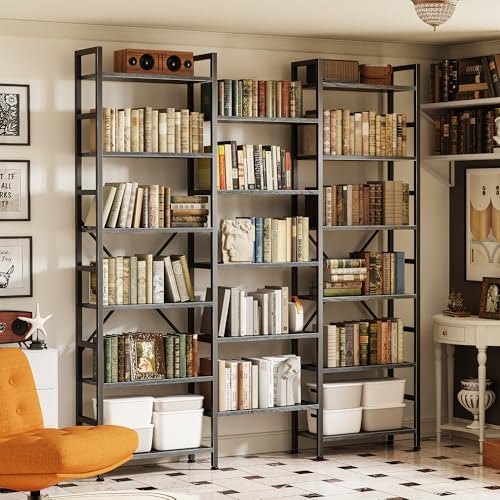 SUPERJARE Triple Bookshelf, Bookcase with 17 Open Display Shelves, Wide Book Shelf Book Case for Home & Office, 6 Tier, Grey - Image 6