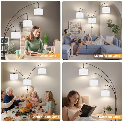 Dimmable Floor Lamp - 3 Lights Arc Floor Lamps for Living Room,Modern Tall Standing Tree Lamp with White Drum Linen Shade & Heavy Base,Mid Century Floor Lamp for Bedroom Corner Office,Bulbs Included - Image 5