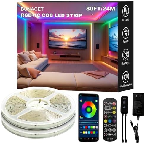 80ft/24M COB RGB+IC LED Strip Lights, Dream Color COB LED Light Strip by BUNACET
