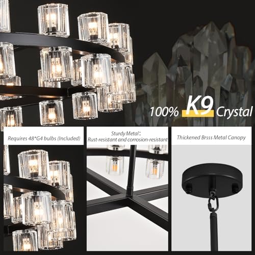 Modern 48 inch Black Round Chandeliers Light Fixture, Crystal Chandeliers for Dining Room, Living Room Chandelier, Wagon Wheel Chandelier Over Table, Suitable for Bedroom,Foyer,Includes Bulb - Image 5