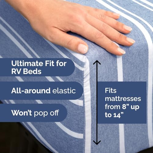 Short Queen Size 4 Piece Bed Sheet Set - RV Short Queen - Blue Stripes - Image 3