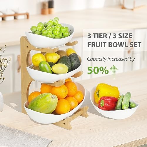 Seven Sparta 3 Tier Fruit Bowl for Kitchen Counter (PLUS Series) / Ceramic Serving Bowls with Bamboo Stand/Big Size Tiered Fruit Basket for Fruit Vegetable Storage, Dessert, Salad Buffet Server - Image 2