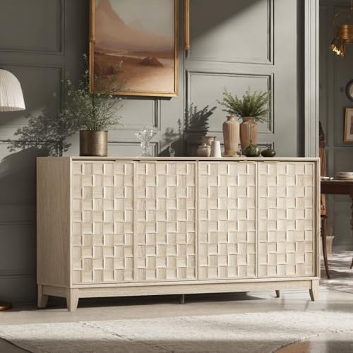 COLAMY Fluted Sideboard Cabinet with Storage – Solid Wood Buffet for Dining Room, Credenza Console with Adjustable Shelves, Walnut Finish, Mid Century Modern Style,Oak White - Image 3