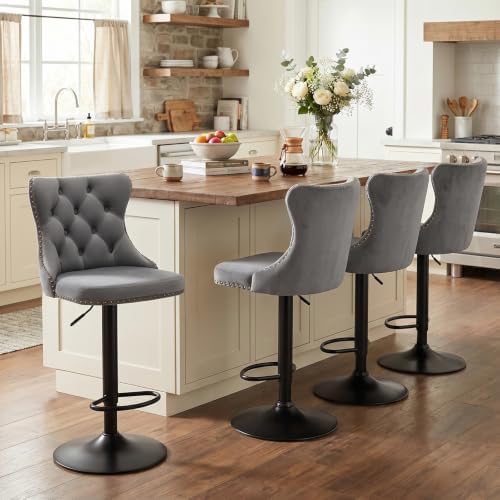 SoarFlash Velvet Bar Stool Set of 4, Adjustable Swivel Bar Stools with Black Metal Leg, Button Tufted, Footrest, Chrome Nailhead, Counter Height Chair for Kitchen, Bar, Dining Room (Grey) by SoarFlash