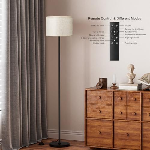 Ambimall 60'' Modern Floor Lamp with Remote, Tall Lamps for Living Room, Bedroom, Office, Dining Room, Beige Shade with Black Pole(Included Bulb) - Image 6