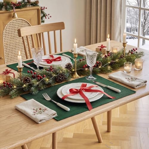 Softalker Christmas Cloth Placemats Set of 8-12 x 18 Inch, Dark Green - Image 3