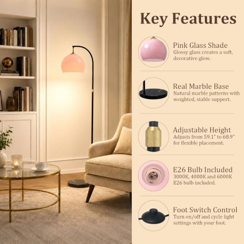 Pink Arc Floor Lamp with Natural Marble Base, Mid Century Modern - Image 5