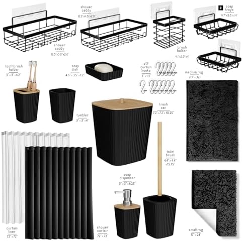 Clara Clark Bathroom Accessories Set - 27PC Bathroom Set with Adhesive Corner Shower Caddy Hanging, Bathroom Sets with Shower Curtain and Rugs, Black Shower Curtain Set with Bathroom Trash Can - Image 3