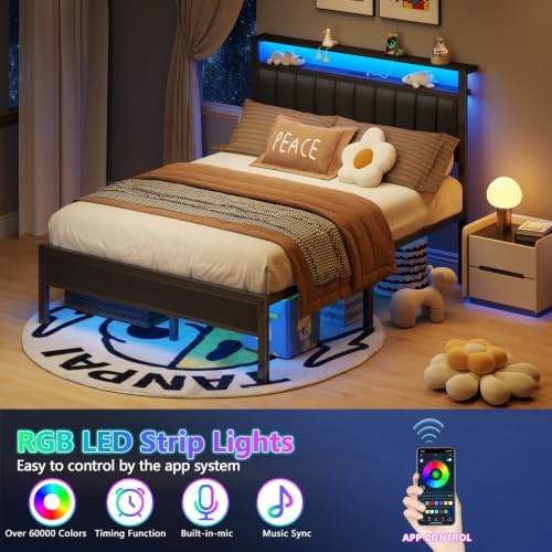 Furnulem Queen Size Bed Frame with Charging Station and LED Lights - Image 4