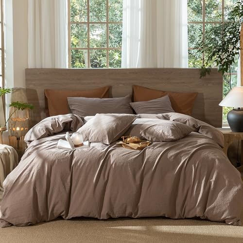 MooMee Wavy Striped Duvet Cover Set 100% Washed Cotton Linen Like Textured Breathable Durable Soft Comfy (Brown, Oversized King Plus 128"x120") by MOOMEE