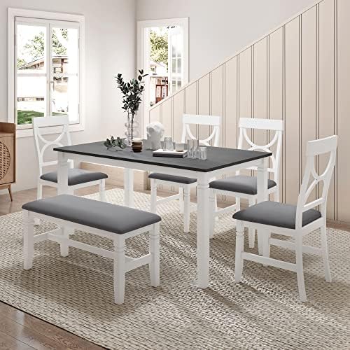 Farmhouse 6-Piece Dining Table Set, Wood Kitchen Dining Room Table Set with Upholstered Bench and 4 Dining Chairs, 60'' Rectangle Dining Table with Decoration Legs, Perfect for Family (White-K) by Unknown