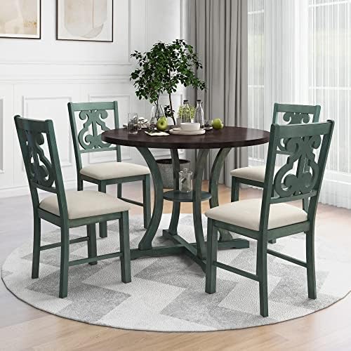 Harper & Bright Designs Retro Style Round Kitchen Dining Table Set for 4, 5 Piece Round Dining Table and 4 Fabric Chairs with Special-Shaped Table Legs and Storage Shelf, Antique Blue/Dark Brown - Image 2