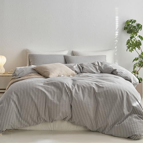 MooMee Striped Duvet Cover Set 100% Washed Cotton Linen Like Cal King by MOOMEE