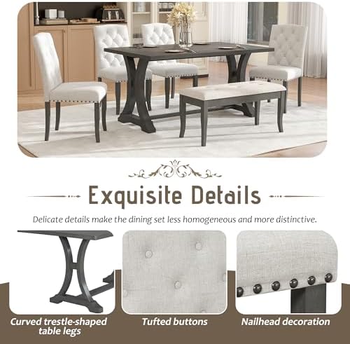 Harper & Bright Designs Classic and Traditional Style 6 - Piece Dining Set, Includes Dining Table, 4 Upholstered Chairs & Bench(Antique Gray1) - Image 3