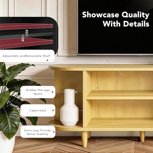 MXV 70" TV Stand with Sliding Doors for Living Room, Mid Century Modern Entertainment Center, TV Console with Fluted Door Cabinets and Power Outlet, Oak - Image 4