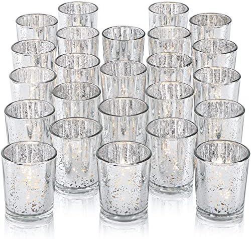 DARJEN 24Pcs Silver Votive Candle Holders for Table - Mercury Glass Votives Silver Candle Holder - Tealight Candle Holder for Wedding Centerpieces & Party Decorations by DARJEN