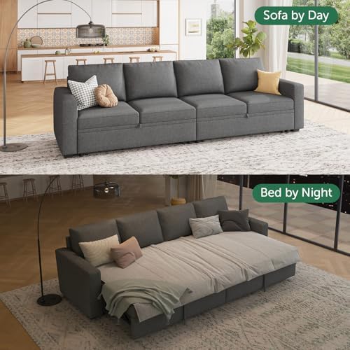 HONBAY Modular Sectional Sleeper Sofa Bed, with Pull Out Bed, Linen Convertible Sectional Couches for Living Room - Dark Grey - Image 3