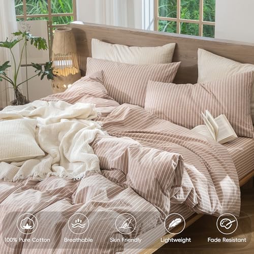 MooMee Striped Duvet Cover Set 100% Washed Cotton Linen Like Super Queen - Image 4