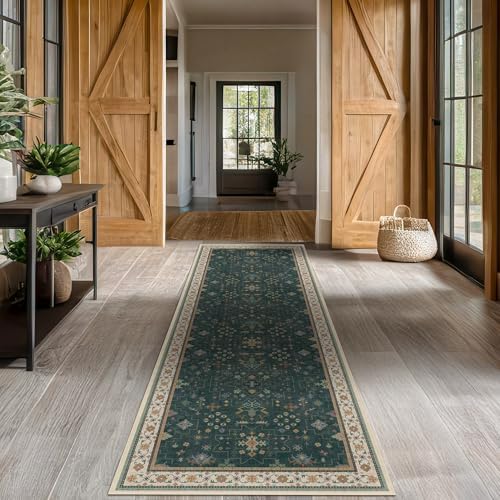 Hazo Haus Dark Green Hallway Runner Rug 12 ft Long - Modern Vintage Boho Eclectic Floral with Brown Accent, Washable Low Pile Non-Slip Extra Long Wide Runner Rugs for Kitchen, 3x12 - Image 4