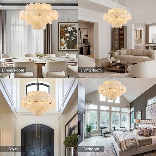 Natural Alabaster Round Chandelier, 31.5" Modern Marble Chandelier with 50 Stone Texture Panels, 12-Light Dimmable Spanish Alabaster Chandeliers for Living Room, Dining Room, Hallway - Image 4