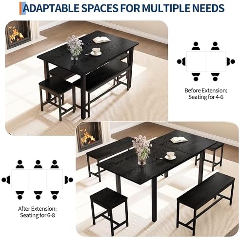 GarveeHome 5 PCs Dining Table Set for 6-8 People, 63 in Extendable Kitchen Table Set with 2 Benches and 2 Square Stools, Modern Dining Room Furniture Sets, Easy Assembly, Black - Image 4