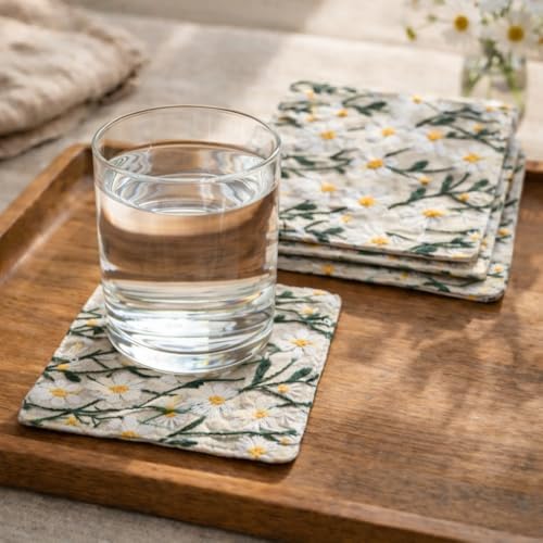 Handmade Daisy Embroidered Coasters Set of 4, 4.3" Cotton Linen Drink Coasters for Wooden Table, Rustic Cottagecore Floral Cup Mats, Decorative Small Vase Mat, Aesthetic Desk Decor & Jewelry Pad - Image 6