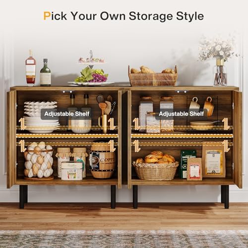 Tribesigns Set of 2 Sideboard Buffet with Storage, 59" Buffet Sideboard Cabinet with Adjustable Shelves, Accent Storage Cabinet for Living Room, Rustic Brown - Image 4