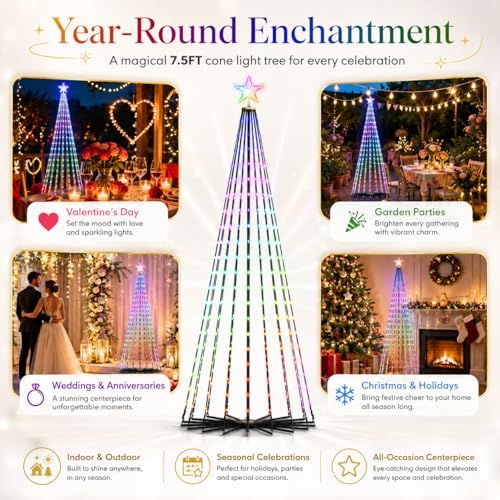 Mystical Glow Cone String Lights, 8ft 340 LEDs Multi-Color Fairy Lights with Smart App Control, 100+ Dynamic Scene Modes, Music Sync, Waterproof Outdoor Valentines Tree for Year-Round Celebrations - Image 4