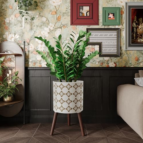 12 Inch Planter Pot with Stand, Planter for Indoor Plants, Modern Large Flower Planter Pot with Drainage Holes for Outdoor, White Gold Floral - Image 4