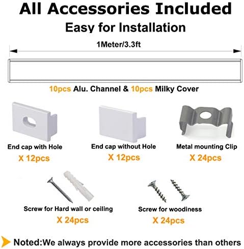 hunhun 10-Pack 3.3ft/1Meter Plus-Size U Shape LED Aluminum Channel System with Milky Cover, End Caps and Mounting Clips, Aluminum Profile for LED Strip Light, Special for Philips Hue Strip - Image 2