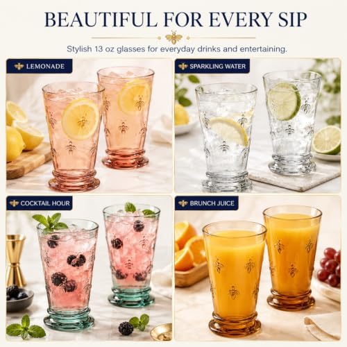 French Bee Highball Glasses | Set Of 6 | Colored Drinking Glass 13 OZ, Old Fashioned Glasses with Bees Embossed Design, Fine Crystal French Glassware, Drinking Glasses, Heavy Water & Juice Glasses - Image 4