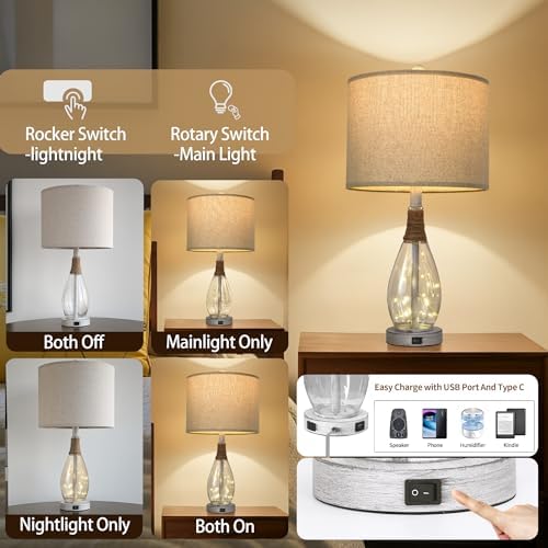 OYEARS 23" Table Lamps for Living Room Set of 2 Bedside Lamps for Night Stands Bedroom Lamps Farmhouse Rattan Boho Lamp Glass Nightlight End Table Lamp with USB C+A (White),Two Light Points - Image 3