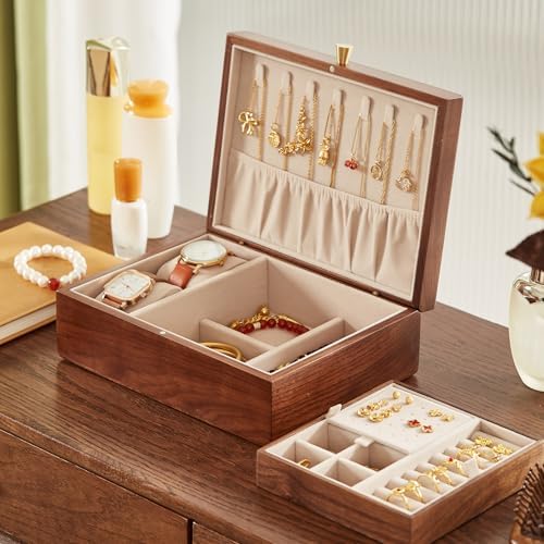 CHOSIN Walnut Wood Jewelry Box with Removable Tray, Vertical Necklace Hooks - Image 5