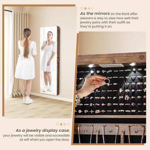 NAFORT 2 LEDs Full Length Mirror with Jewelry Armoire, Jewelry Organizers and Storage with 2 Mounting Options, 47.5”H Jewelry Cabinet with 2 Drawers, Make up & Lockable Jewelry Box, Rustic Brown - Image 5