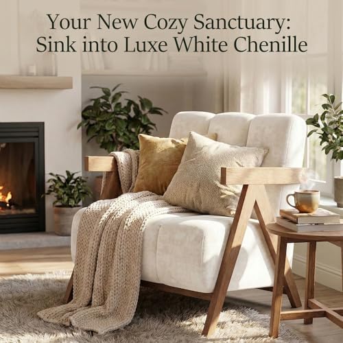 Modern Accent Chair Set of 2 for Living Room Bedroom,Comfy Chenille Reading Chair with Wood Frame,Upholstered Lounge Armchair with Thick High-Elastic Sponge for Apartment & Waiting Room(White,2) - Image 5
