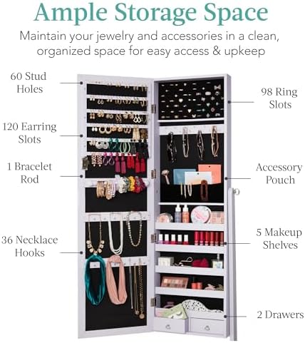 Best Choice Products Freestanding Jewelry Armoire Cabinet, Full Length Standing Mirror, Lockable Makeup Storage Organizer, w/Velvet Lining, 3 Angles, Lock, Accessory Pouch, 5 Shelves - Lavender - Image 2
