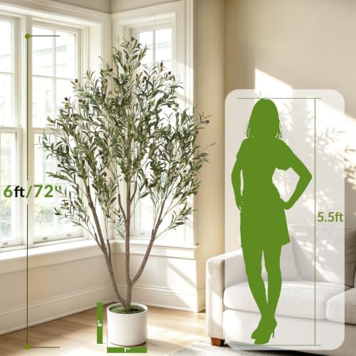Olive Trees Artificial Indoor, 6FT Tall Faux Olive Tree with Planter & Basket, Artificial Plants with Natural Wood Trunk and Lifelike Fruits for Home Office Decor - Image 3