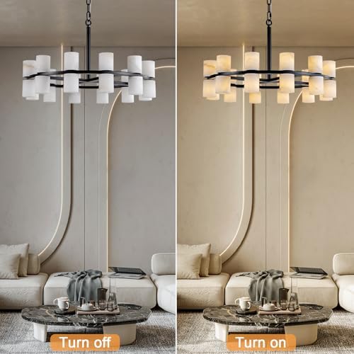 Alabaster Round Chandelier, Natural Spanish Stone Texture Chandeliers, D23.6in Round Chandeliers for Dining Room Small Chandelier Light Fixture for Kitchen Living Room Foyer Entryway Hallway (Black) - Image 3