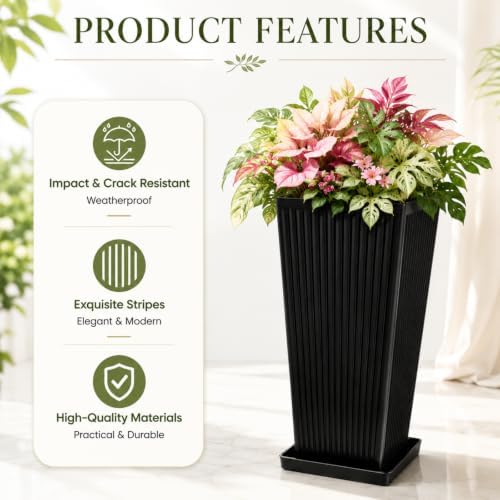 NicBex 24" Tall Planters for Outdoor Plants Set of 2 Square Fluted,Black - Image 4