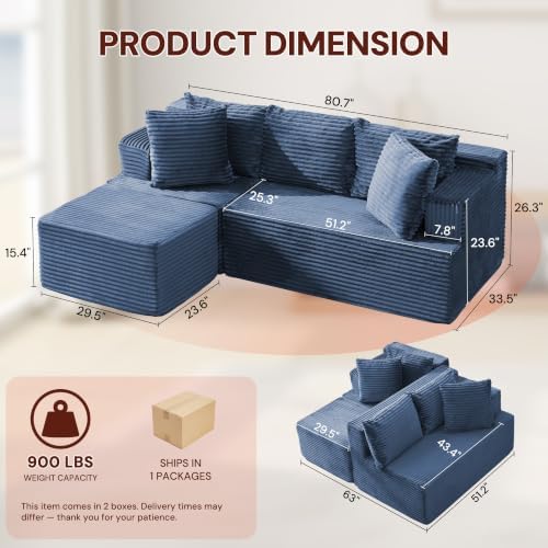 Korser Boneless Couches for Living Room, Cloud Couch Sectional with Ottoman, L-Shaped Sofa with Fluffy Comfy Corduroy Deep Seat, Bedroom, Apartment, No Assembly Required - Image 2
