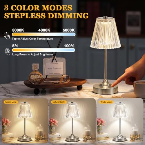 Silver Cordless Rechargeable Table Lamp, Touch Battery Powered Lamp, 3 Color Modes, Crystal Acrylic Lampshade, Portable Ambient Night Light for Desk, Bedroom, Living Room, Dining Room, Kitchen, Bar - Image 2