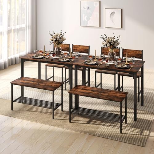 Dining Table Set for 4 with Storage Bench & 2 Chairs, Rustic Brown - Image 5