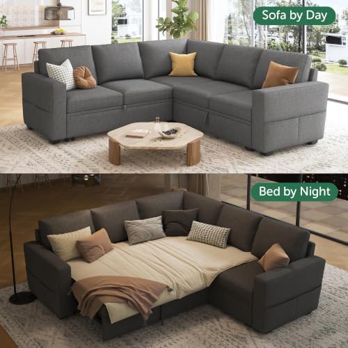HONBAY Sectional Sleeper Sofa with Pull Out Bed, L Shaped Couch with Storage Seat, Modular Sectional Couches for Living Room, Dark Grey - Image 3