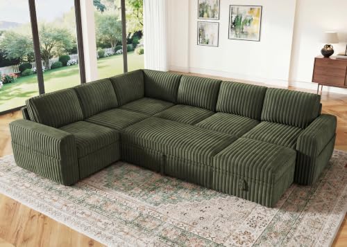 HONBAY Modular Sectional Sleeper Sofa with Pull Out Bed,Corduroy U Shaped Couch with Storage, Sectional Couches for Living Room,Green by HONBAY