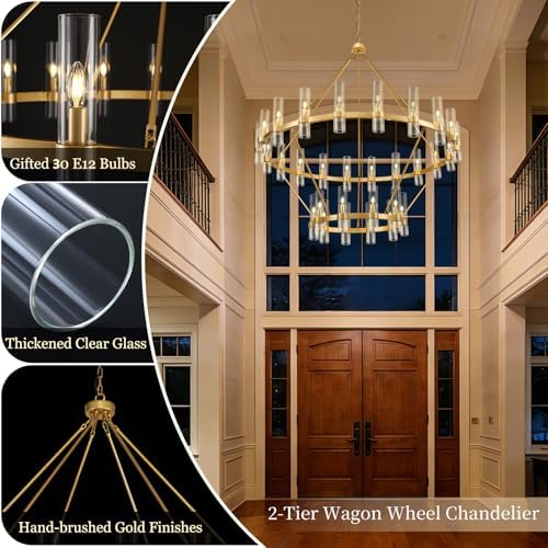 Gold Wagon Wheel Chandelier 2 Tier, 60 Inch Chandeliers with Glass Shade, 30-Light Large Chandelier for High Ceiling, Modern Farmhouse Chandeliers for Living Room, Dining Room, Entryway and Staircase - Image 3